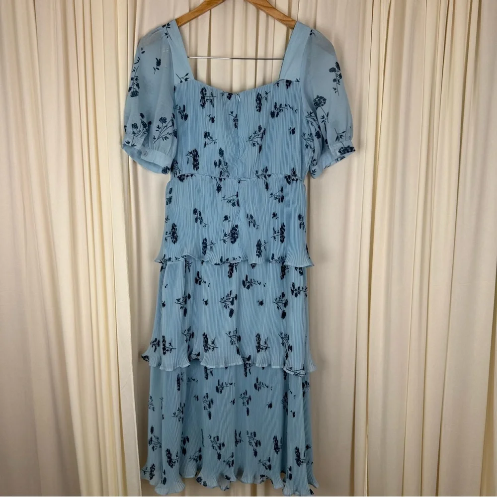 Boohoo Blue Floral Plisse Tiered Frill Midi Dress Spring Wedding Formal NEW US 8 - Picture 4 of 8